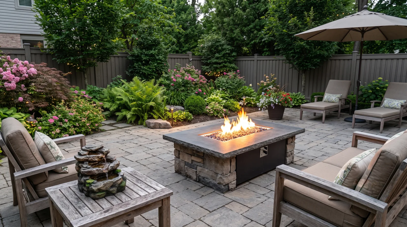 Tiered rock waterfall fountain on a patio side table near a stone fire table and lounge chairs