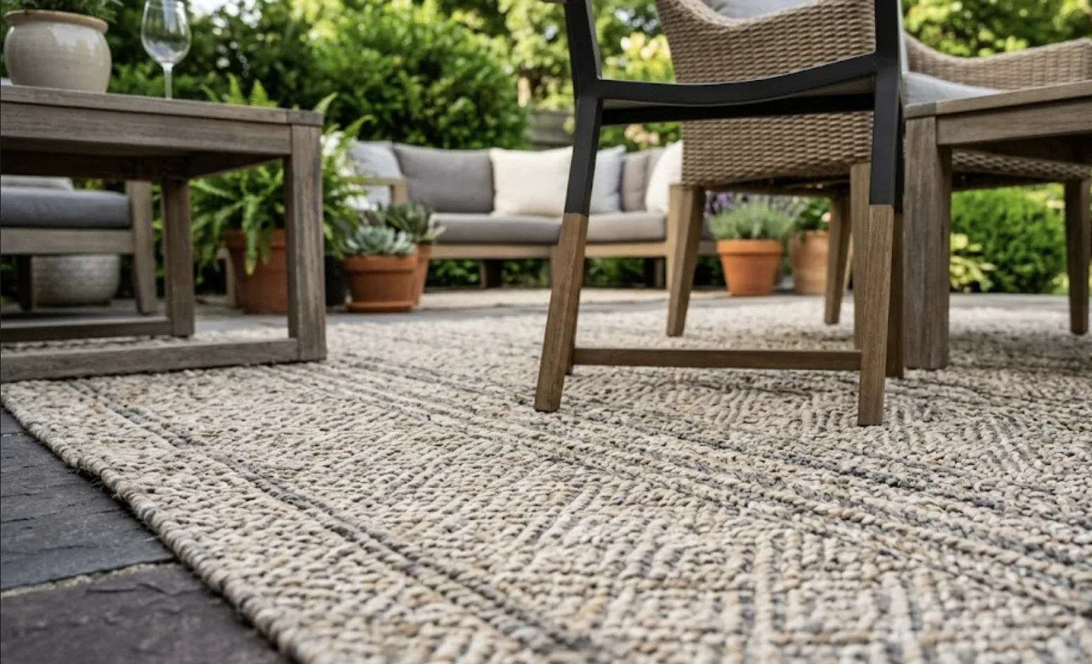 Close-up of a flat-woven outdoor rug's herringbone texture under patio chairs with a garden seating area softly blurred behind